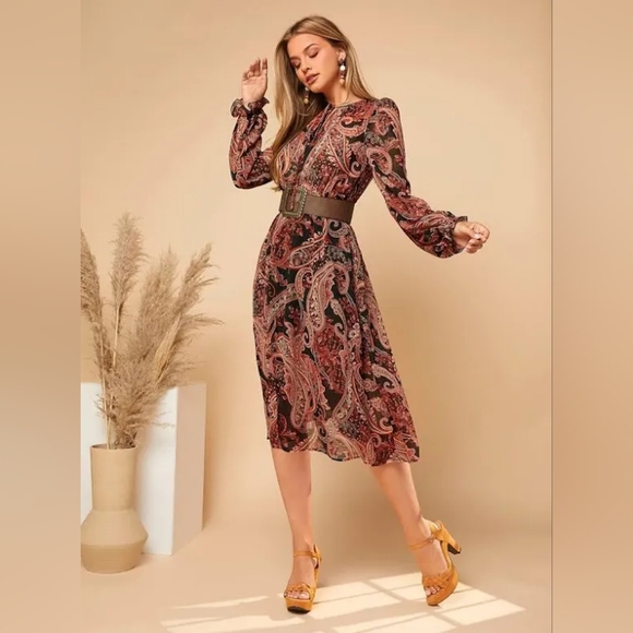 Shein Rust & Black Paisley Midi-Dress, Wide Belt, Bishop Sleeves Sz 12,XL, NWOT - Picture 2 of 13